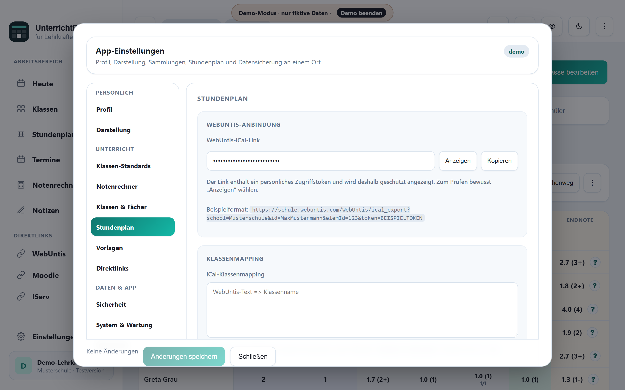 Stundenplan-Einstellungen mit iCal und Klassenmapping