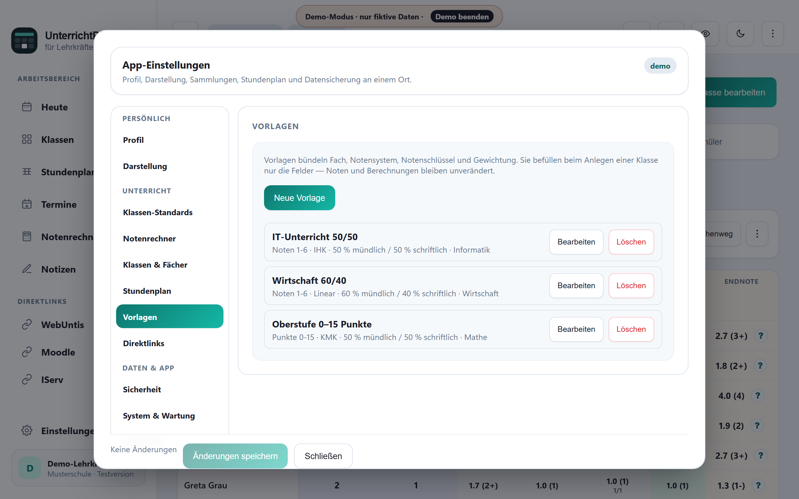 Vorlagen in den App-Einstellungen