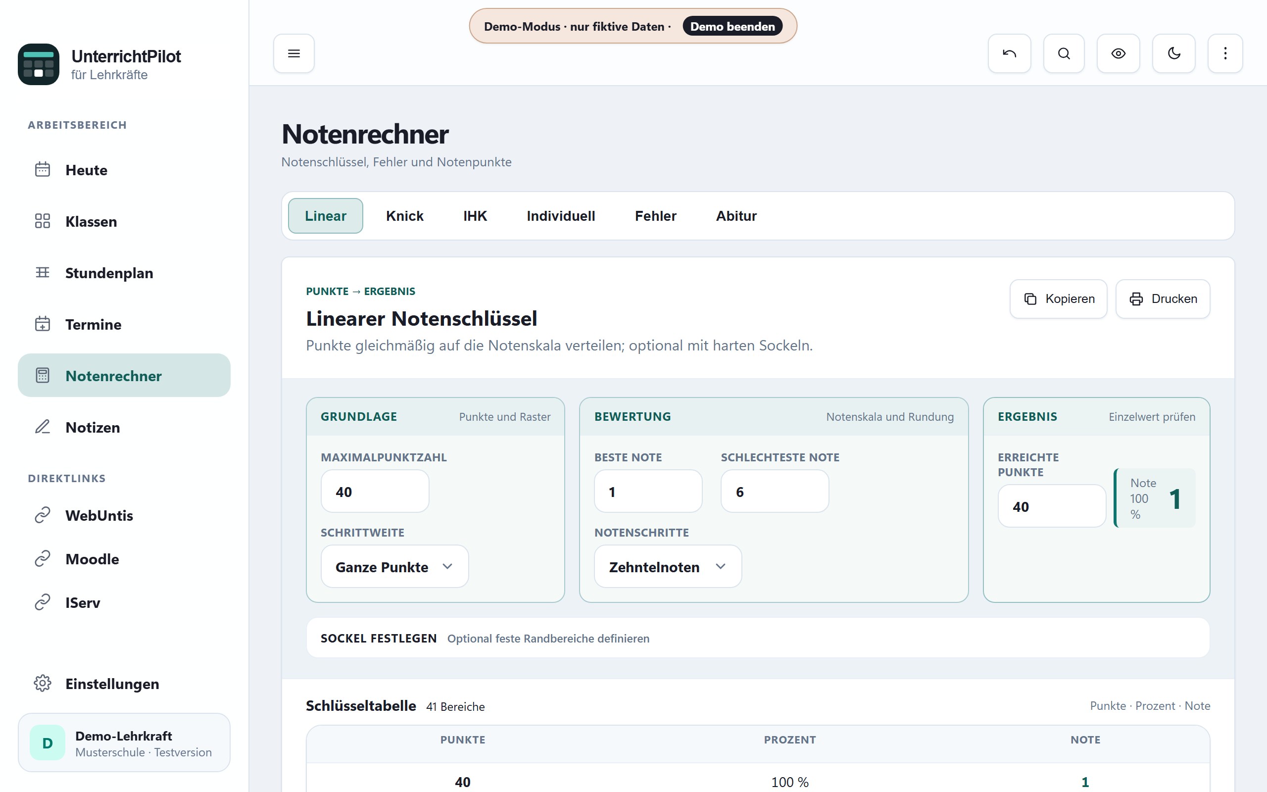 Notenrechner mit linearer Schluesseltabelle